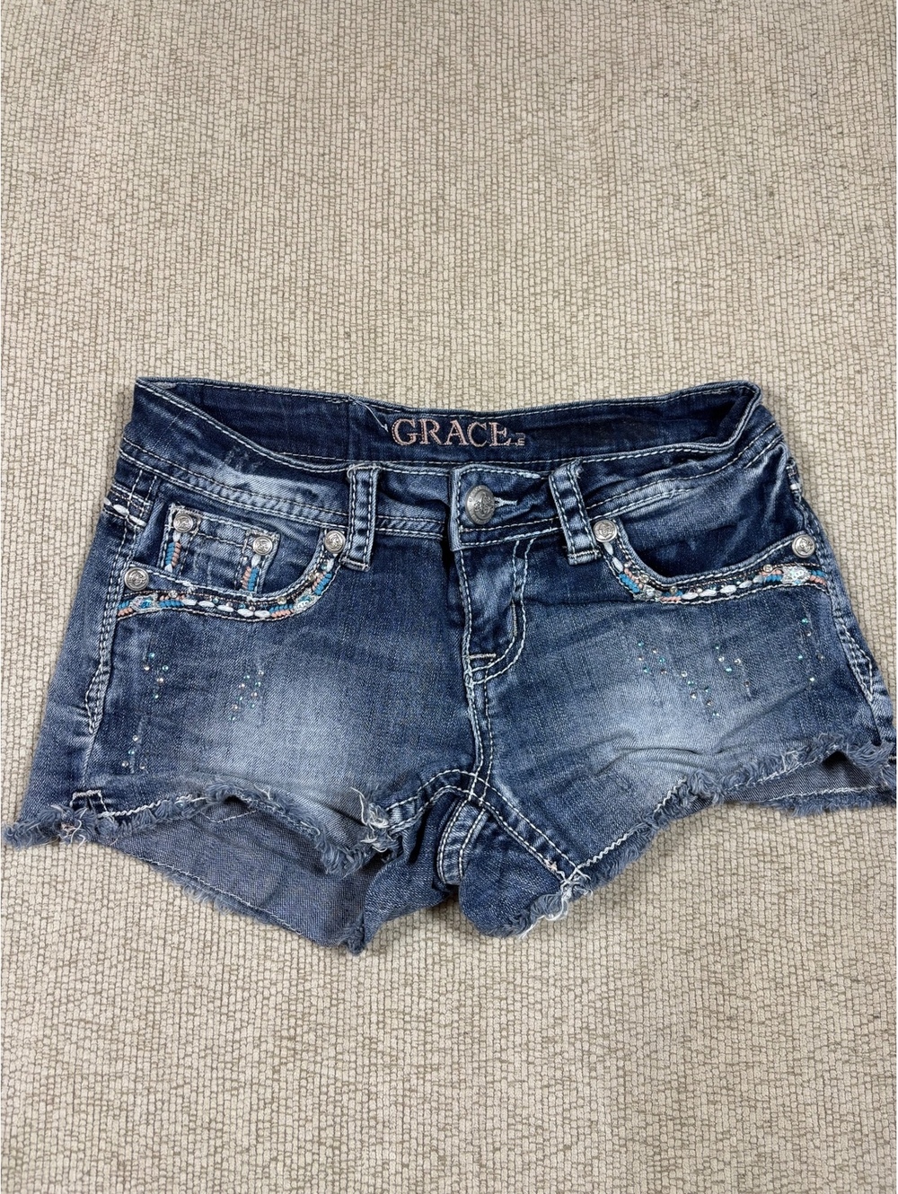 GRACE Women 25 Blue Denim Shorts Embellished Pockets